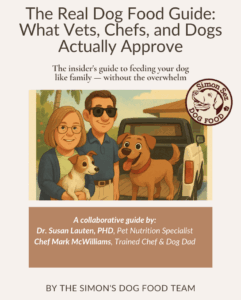 Cover of “The Real Dog Food Guide” featuring illustrations of Dr. Susan, Chef Mark, and Simon the dog beside a pickup truck. Includes a guide subtitle and the Simon Sez Dog Food logo.